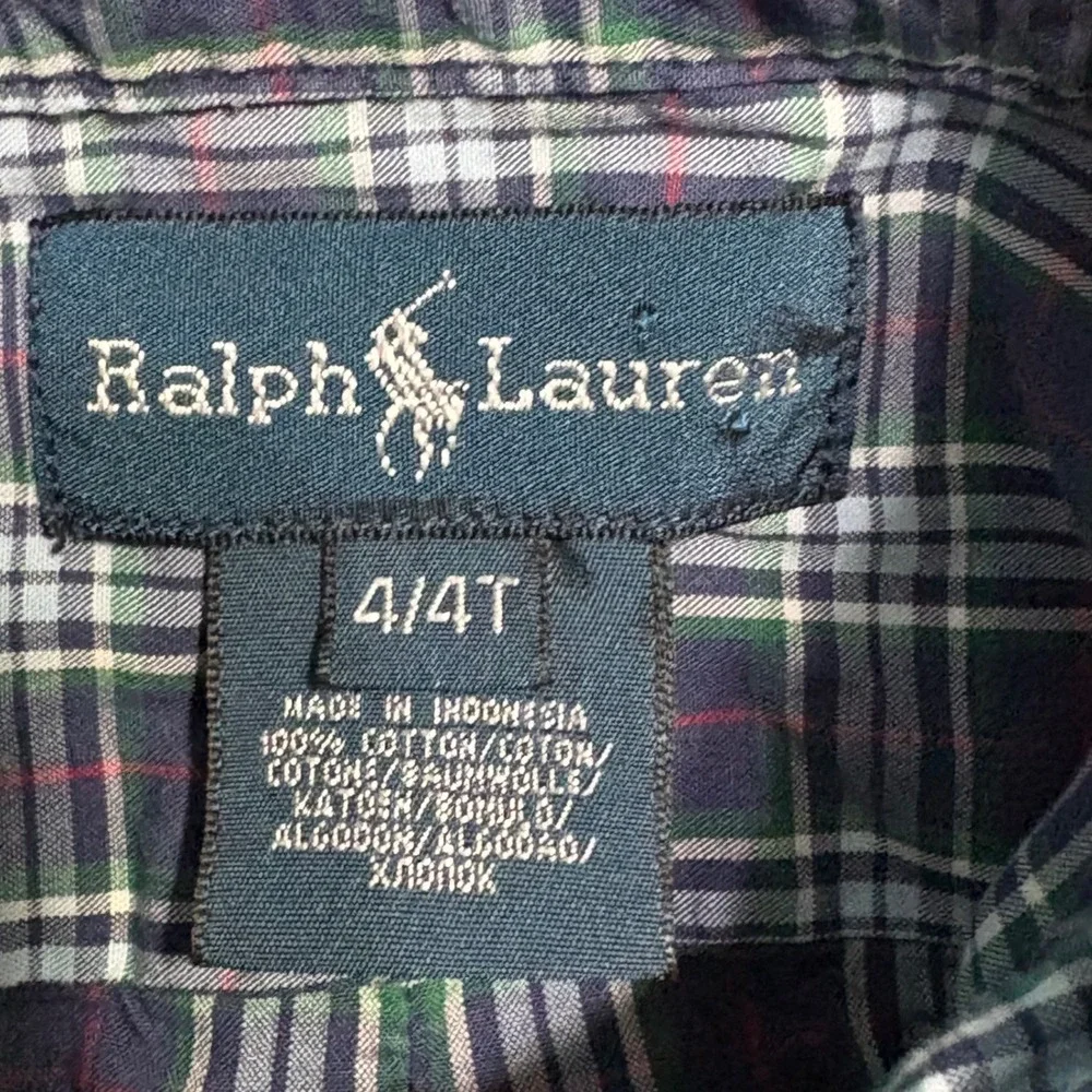 Ralph Lauren Button Down Shirt Boys Size 4/4T Blue Plaid Long Sleeve Pony Logo